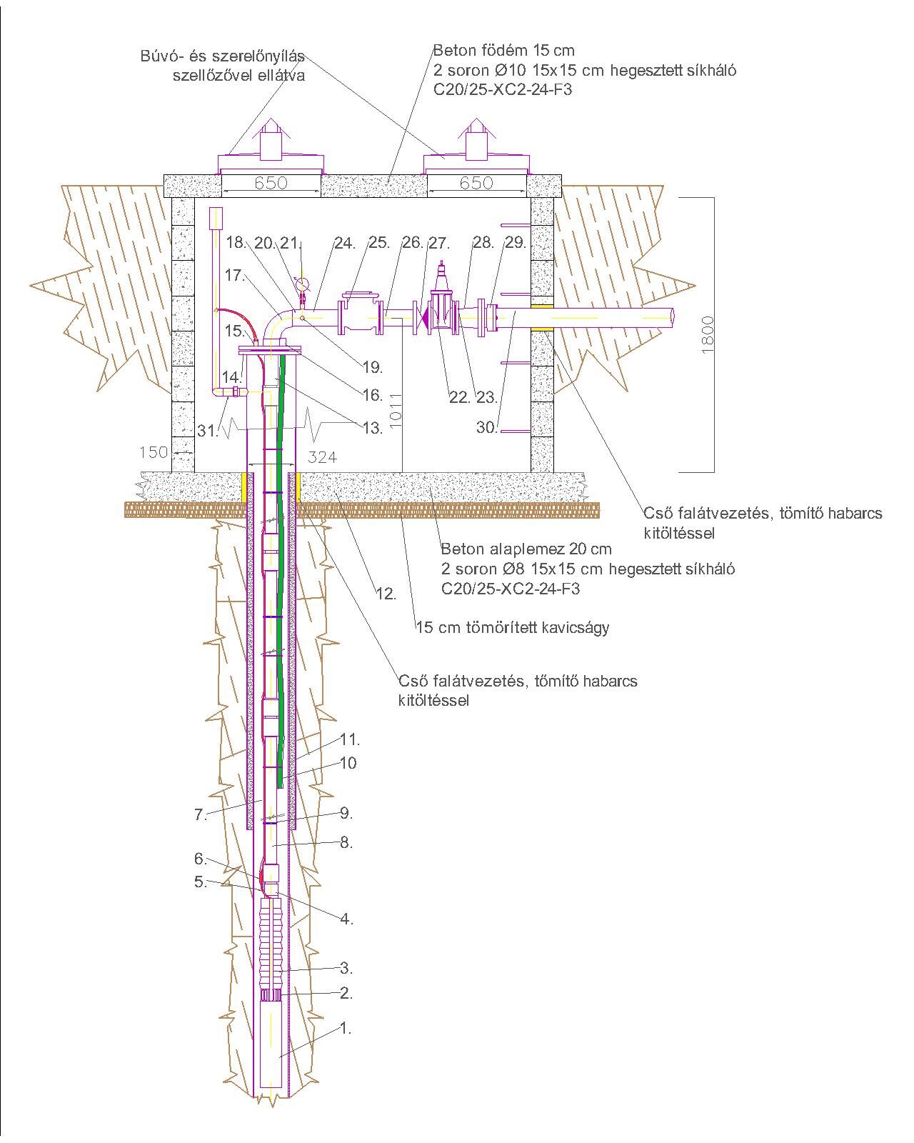 A képen egy kútfejgépészeti műszaki rajz látható
